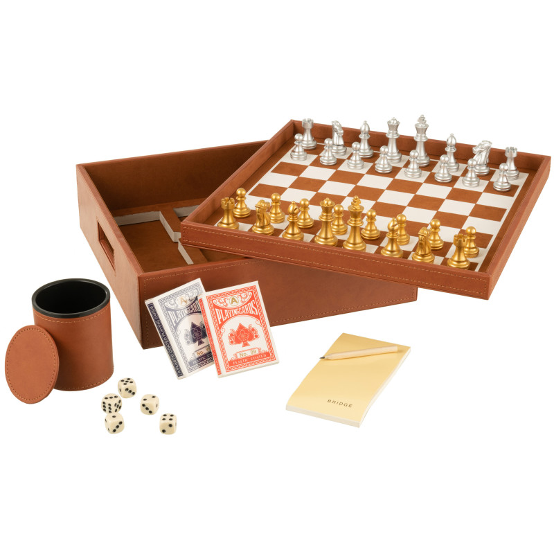 Coffret jeu d'échecs et cartes en simili cognac 35 cm - 4