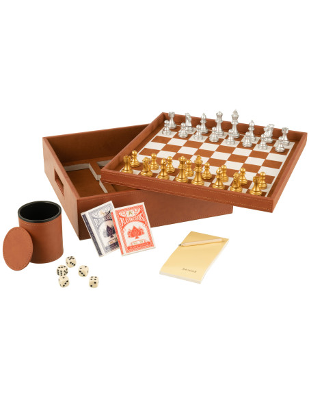 Coffret jeu d'échecs et cartes en simili cognac 35 cm - 4