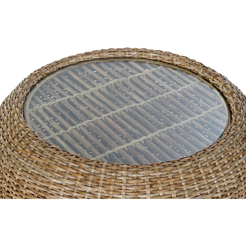Table basse balinaise Ronde en Verre Transparent Rotin Naturel Tressé Taksu - 2