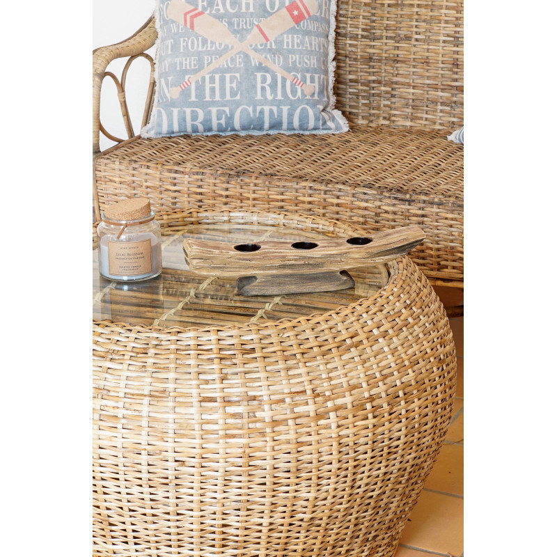 Table basse balinaise Ronde en Verre Transparent Rotin Naturel Tressé Taksu - 5