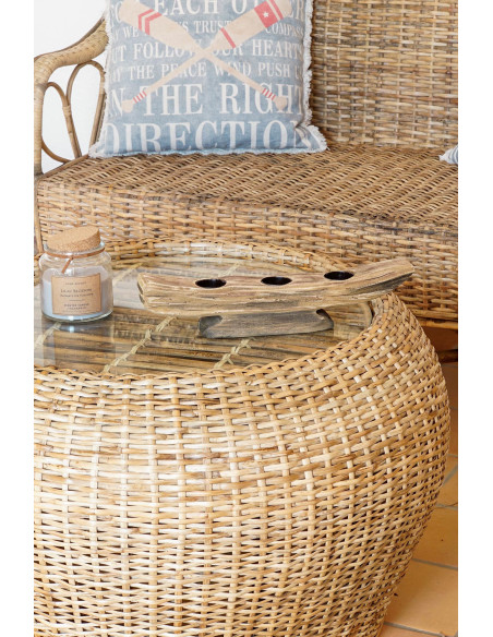 Table basse balinaise Ronde en Verre Transparent Rotin Naturel Tressé Taksu - 5