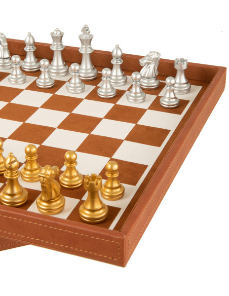 Coffret jeu d'échecs et cartes en simili cognac 35 cm - 5