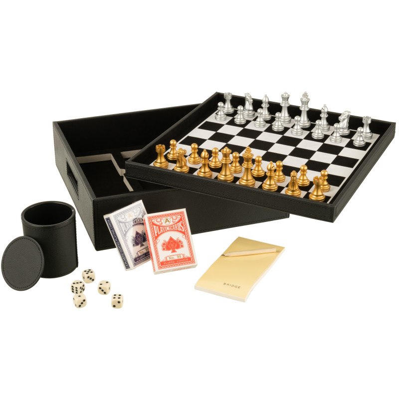 Coffret jeu d'échecs et cartes en simili noir 35 cm - 1