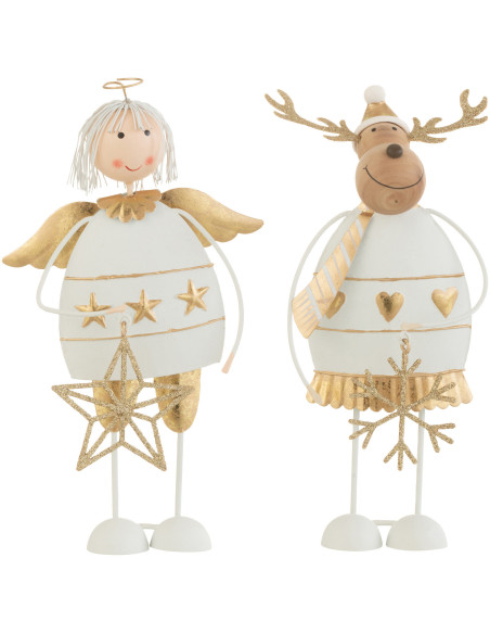 Décoration de Noël Ange & Renne 20 cm en Métal Blanc Doré (Lot de 2) - 1