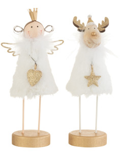 Décoration sur pied Ange & Renne de Noël 20 cm en Métal Blanc Doré (Lot de 2) - 1
