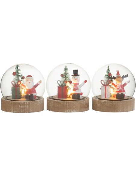 Décoration sous cloche Lumineuse Personnages de Noël Hauteur 10 cm en Verre Bois d'eucalyptus Naturel (Lot de 3) - 1