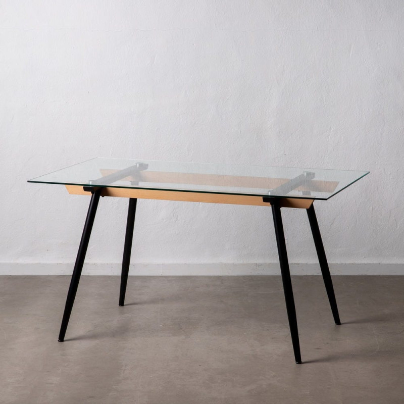 Table à manger Rectangulaire 6 personnes en Verre Transparent Métal Noir Bois de hêtre Naturel Dianna - 9