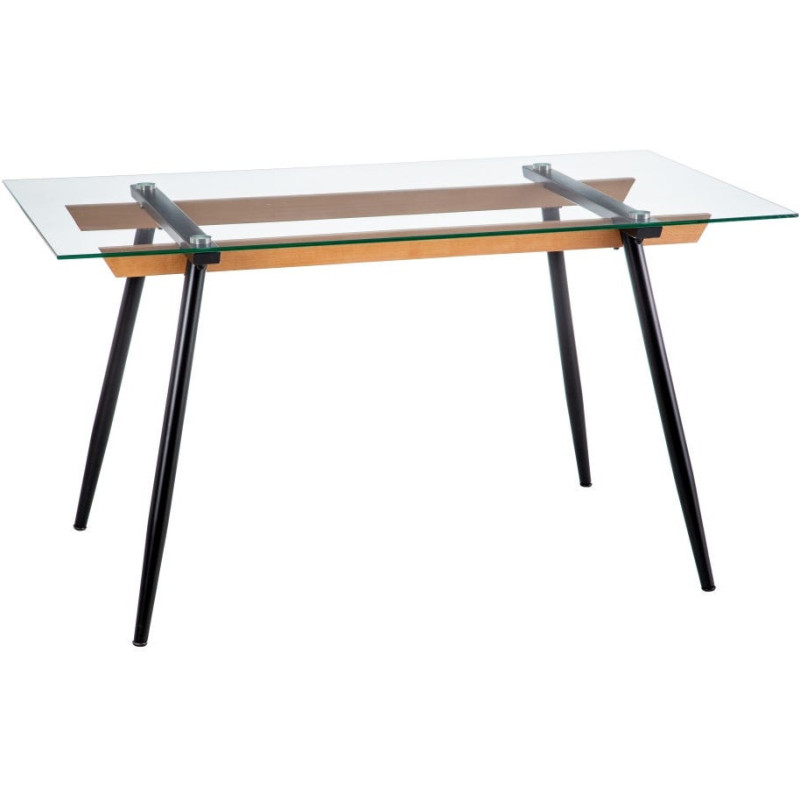 Table à manger Rectangulaire 6 personnes en Verre Transparent Métal Noir Bois de hêtre Naturel Dianna - 1