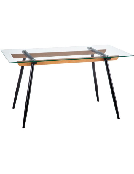 Table à manger Rectangulaire 6 personnes en Verre Transparent Métal Noir Bois de hêtre Naturel Dianna - 1