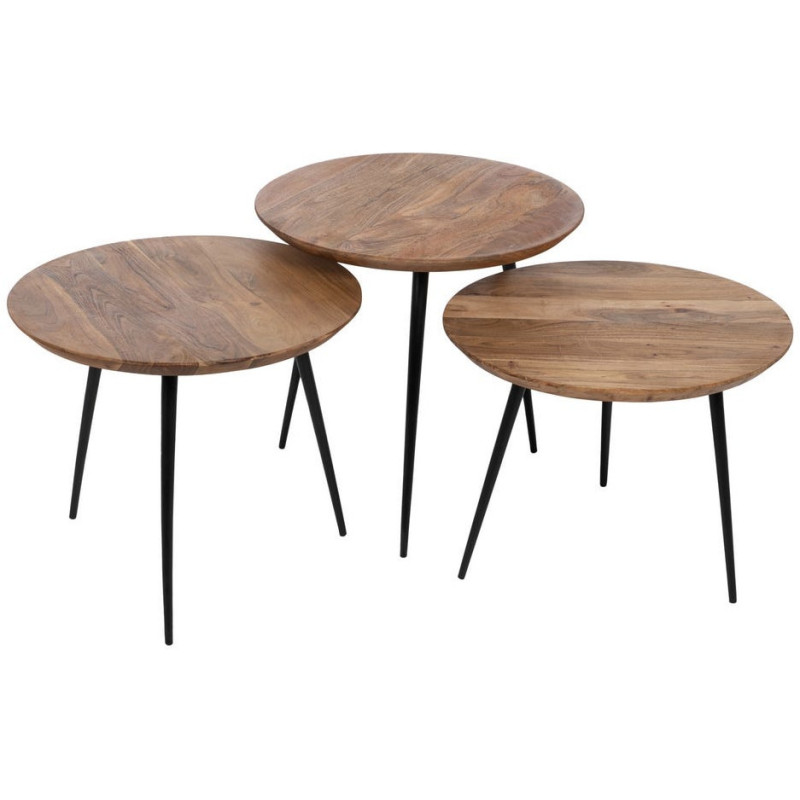Lot de 3 tables basses gigognes rondes acacia naturel métal noir Tonya Ixia - 1