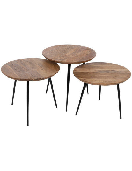 Lot de 3 tables basses gigognes rondes acacia naturel métal noir Tonya Ixia - 1