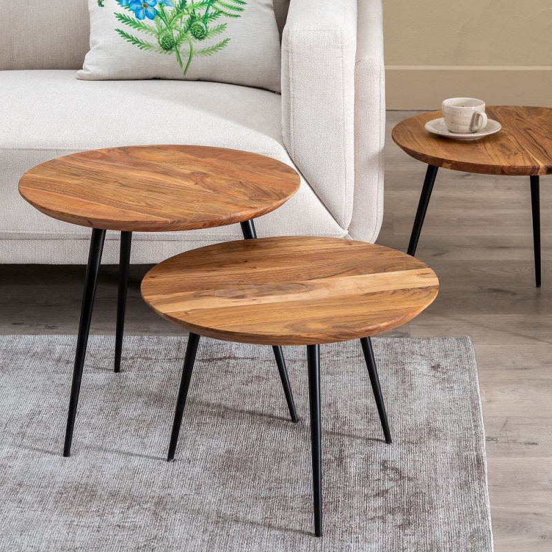 Lot de 3 tables basses gigognes rondes acacia naturel métal noir Tonya Ixia - 2