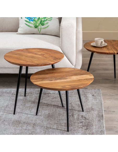 Lot de 3 tables basses gigognes rondes acacia naturel métal noir Tonya Ixia - 2
