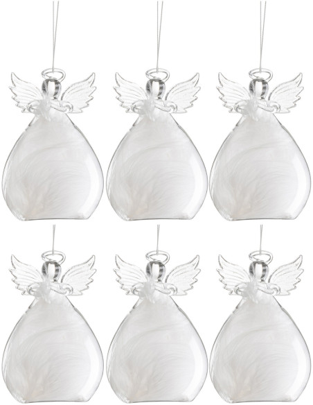 Suspension de Noël Ange Hauteur 10 cm en Verre Transparent Plume Blanche (Lot de 6) - 1