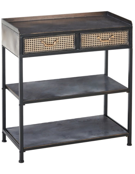 Console 2 tiroirs 2 étagères en Métal Noir Doré Effet rotin Brick - 1
