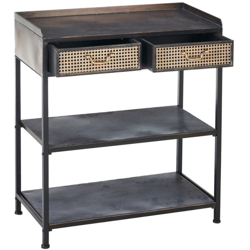 Console 2 tiroirs 2 étagères en Métal Noir Doré Effet rotin Brick - 3
