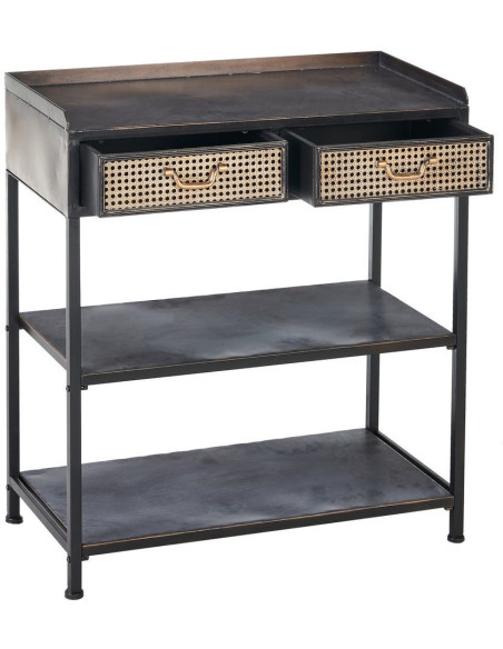 Console 2 tiroirs 2 étagères en Métal Noir Doré Effet rotin Brick - 3