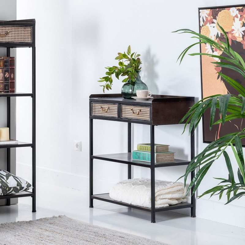 Console 2 tiroirs 2 étagères en Métal Noir Doré Effet rotin Brick - 2