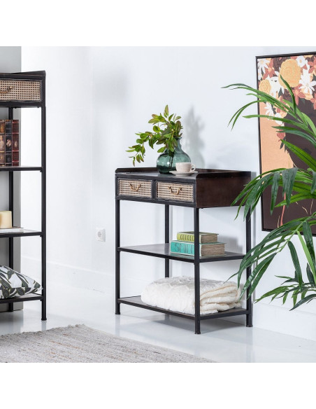 Console 2 tiroirs 2 étagères en Métal Noir Doré Effet rotin Brick - 2