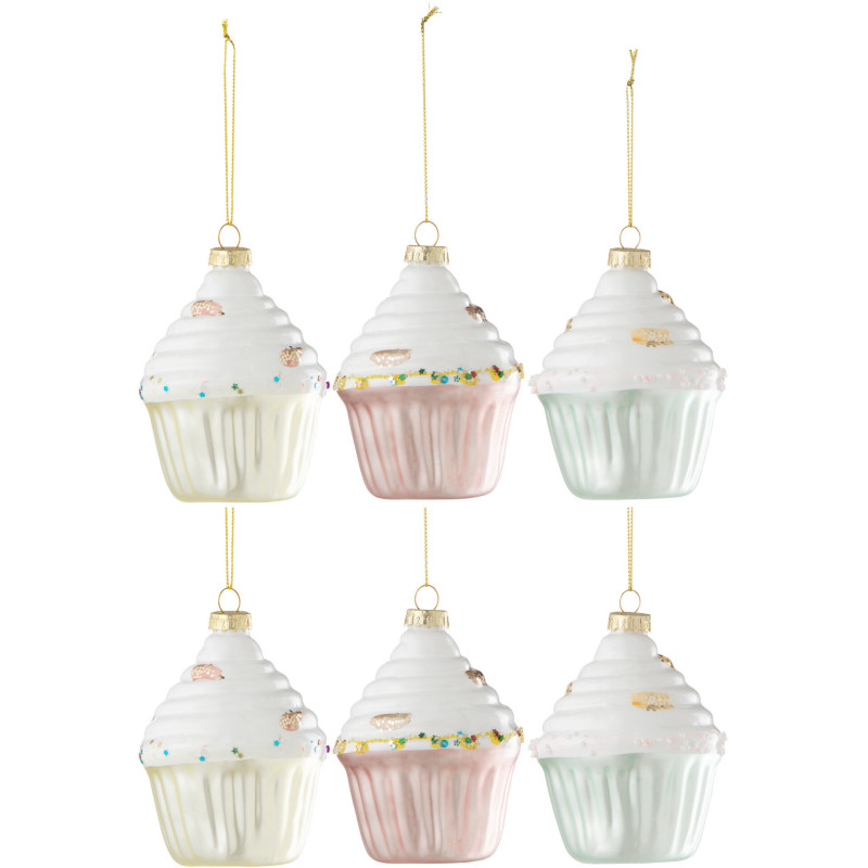 Boule de Noël Cupcake en Verre Bleu Rose Jaune Avec paillettes (Lot de 6) - 1