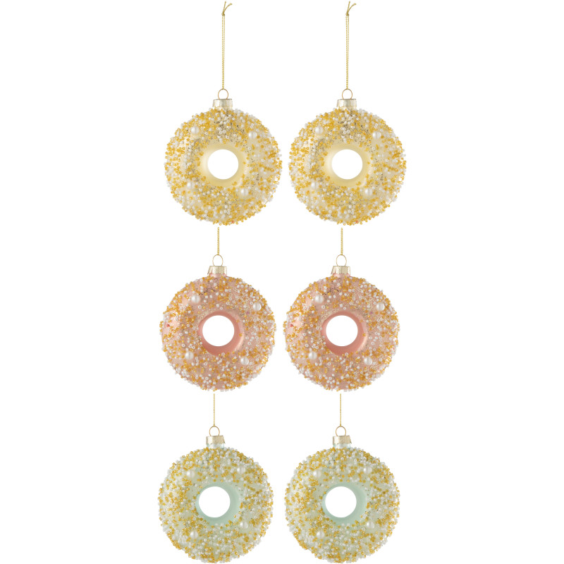 Boule de Noël Donut en Verre Bleu Rose Jaune Avec paillettes (Lot de 6) - 1