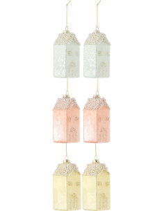 Boule de Noël Maisonnette en Verre Bleu Rose Jaune Avec paillettes (Lot de 6) - 1