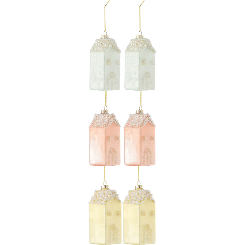 Boule de Noël Maisonnette en Verre Bleu Rose Jaune Avec paillettes (Lot de 6) - 1