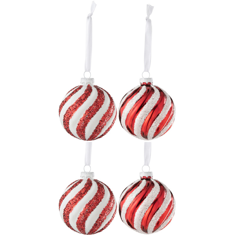Boule de Noël en Verre Blanc Rouge motif Lignes Avec paillettes (Lot de 4) - 1