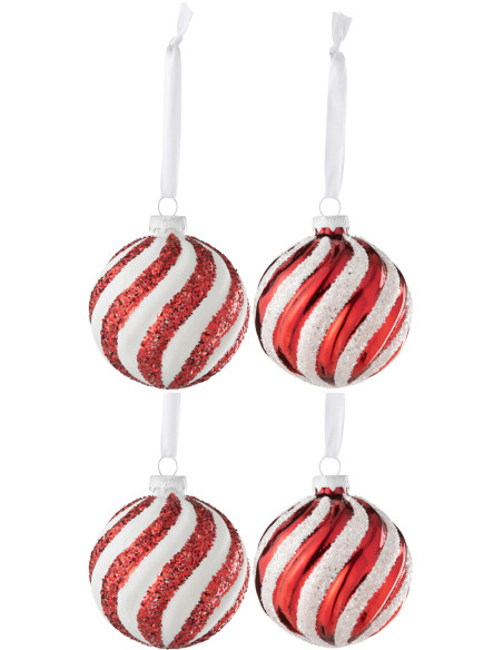 Boule de Noël en Verre Blanc Rouge motif Lignes Avec paillettes (Lot de 4) J-Line - 1