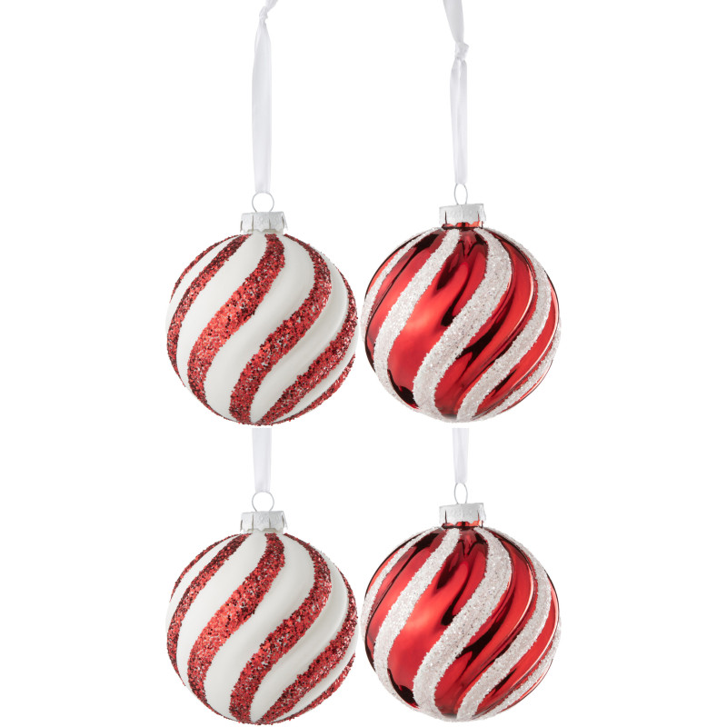 Boule de Noël en Verre Blanc Rouge motif Lignes Avec paillettes (Lot de 4) - 1