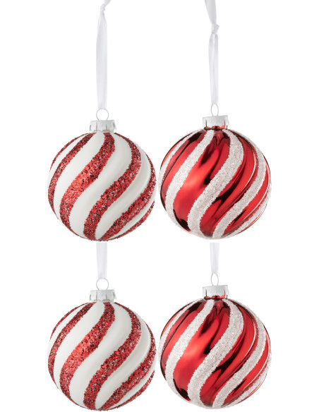 Boule de Noël en Verre Blanc Rouge motif Lignes Avec paillettes (Lot de 4) J-Line - 1