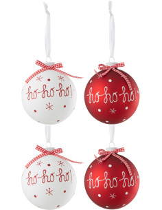 Boule de Noël en Verre Rouge Blanc motif Ho ho ho ! Avec noeud (Lot de 4) - 1