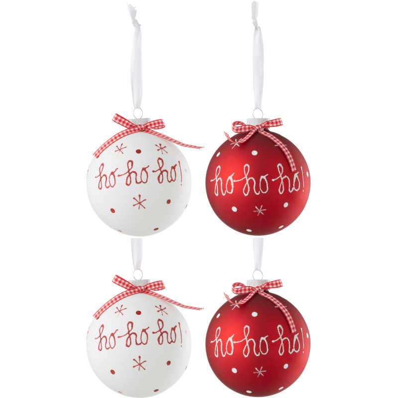 Boule de Noël en Verre Rouge Blanc motif Ho ho ho ! Avec noeud (Lot de 4) - 1