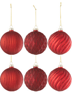 Boule de Noël en Verre Rouge motif Stries et losanges (Lot de 6) - 1
