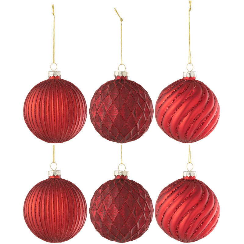 Boule de Noël en Verre Rouge motif Stries et losanges (Lot de 6) - 1