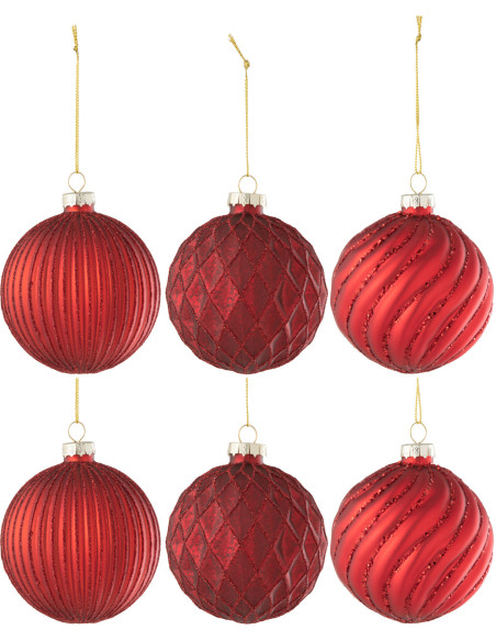 Boule de Noël en Verre Rouge motif Stries et losanges (Lot de 6) J-Line - 1