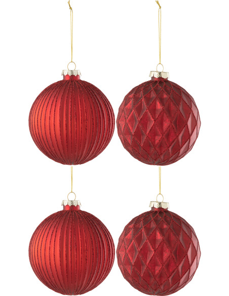 Boule de Noël en Verre Rouge motif Stries et losanges (Lot de 4) J-Line - 1