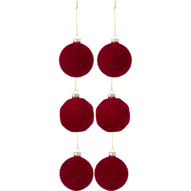 Boule de Noël en Verre Rouge motif Gauffré Effet velours (Lot de 6) - 1