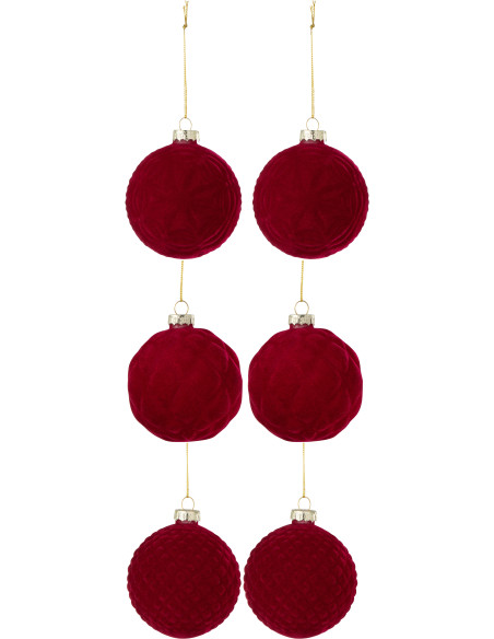 Boule de Noël en Verre Rouge motif Gauffré Effet velours (Lot de 6) J-Line - 1