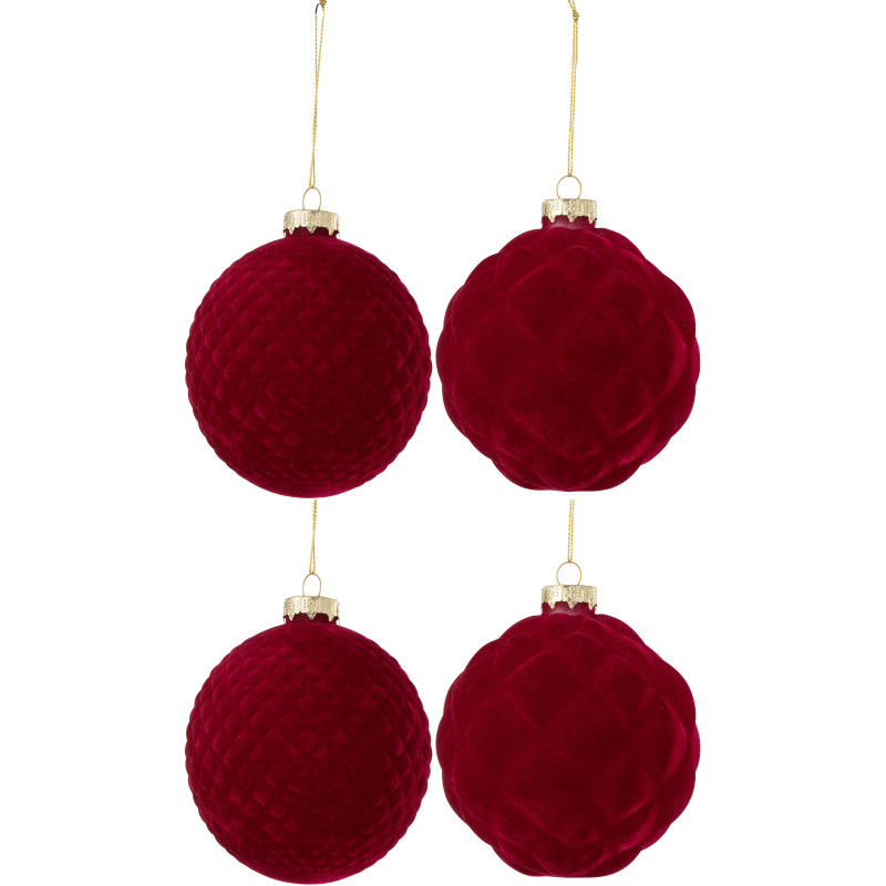 Boule de Noël en Verre Rouge motif Gauffré Effet velours (Lot de 4) - 1