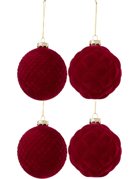 Boule de Noël en Verre Rouge motif Gauffré Effet velours (Lot de 4) J-Line - 1