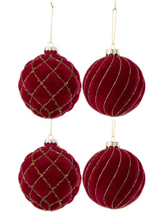 Boule de Noël XL en Verre Rouge Doré motif Lignes et carreaux Effet velours (Lot de 4) - 1