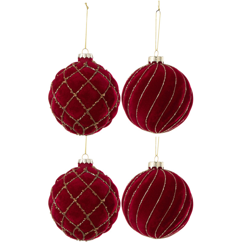 Boule de Noël XL en Verre Rouge Doré motif Lignes et carreaux Effet velours (Lot de 4) - 1