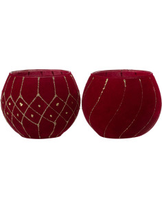 Photophore Rond Jasti Diamètre 10 cm en Verre Rouge Doré Effet velours (Lot de 2) - 1