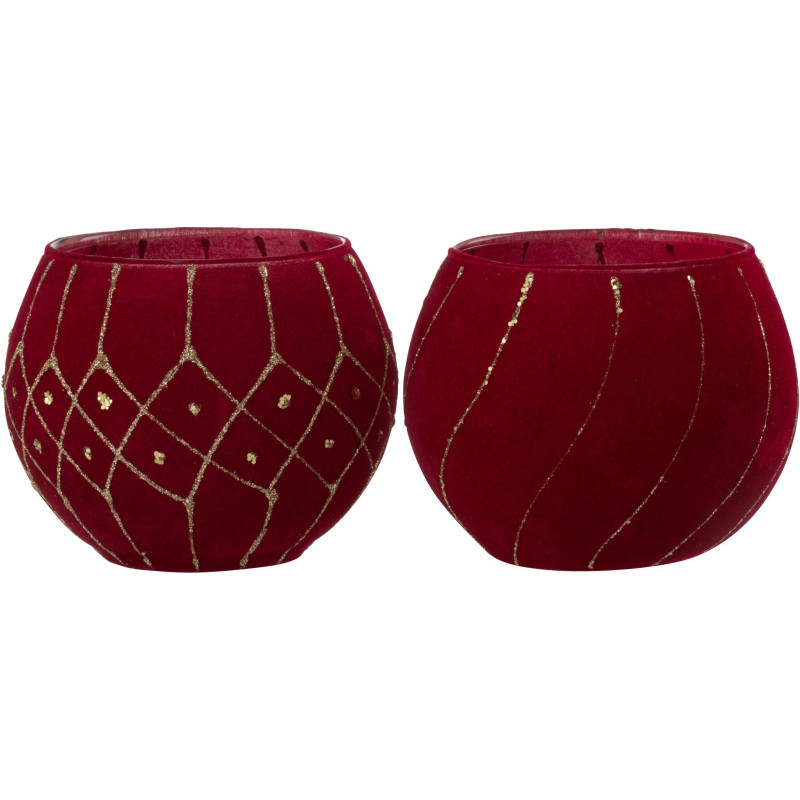Photophore Rond Jasti Diamètre 10 cm en Verre Rouge Doré Effet velours (Lot de 2) - 1