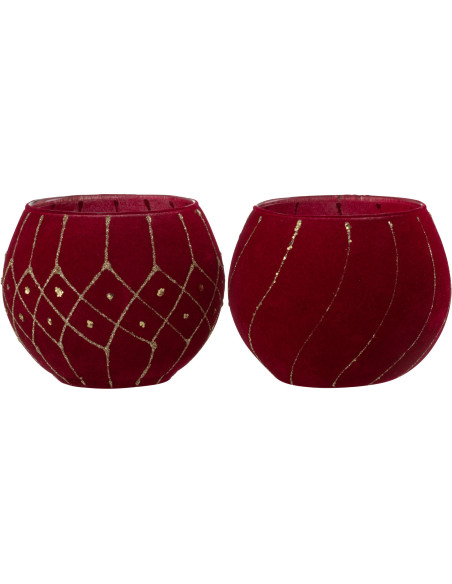 Photophore Rond Jasti Diamètre 10 cm en Verre Rouge Doré Effet velours (Lot de 2) - 1