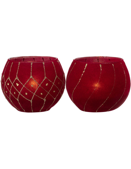 Photophore Rond Jasti Diamètre 10 cm en Verre Rouge Doré Effet velours (Lot de 2) - 2