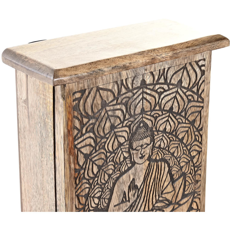 Boîte à Clés Murale En Bois Décor Bouddha Avec 6 Crochets - Rangement élégant Pour Entrée, Hall, Bureau - 26x20x6 Cm