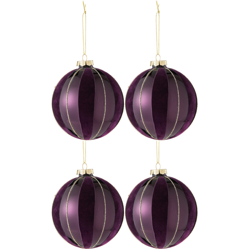 Boule de Noël en Verre Mauve Doré motif Lignes Effet velours (Lot de 4) - 1
