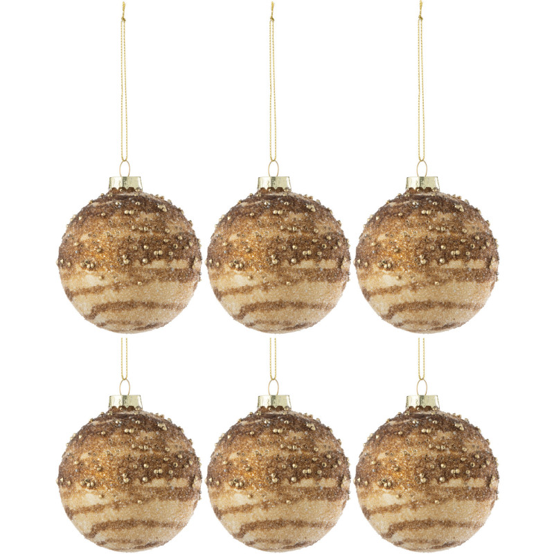 Boule de Noël en Verre Marron clair motif Lignes Avec paillettes (Lot de 6) - 1